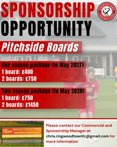 Pitchside boards: one season to May 2027 at £400 for one board or £750 for two; two seasons to May 2028 at £750 for one board or £1450 for two