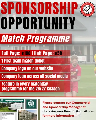 Match programme advertising: full page £100 or half page £50, including a first team match ticket, your logo on our website and social media, and a feature in every matchday programme for the 26/27 season