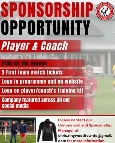Player and coach sponsorship: £150 for the season, including five first team match tickets, your logo in the programme, on our website and on training kit, and coverage across our social media